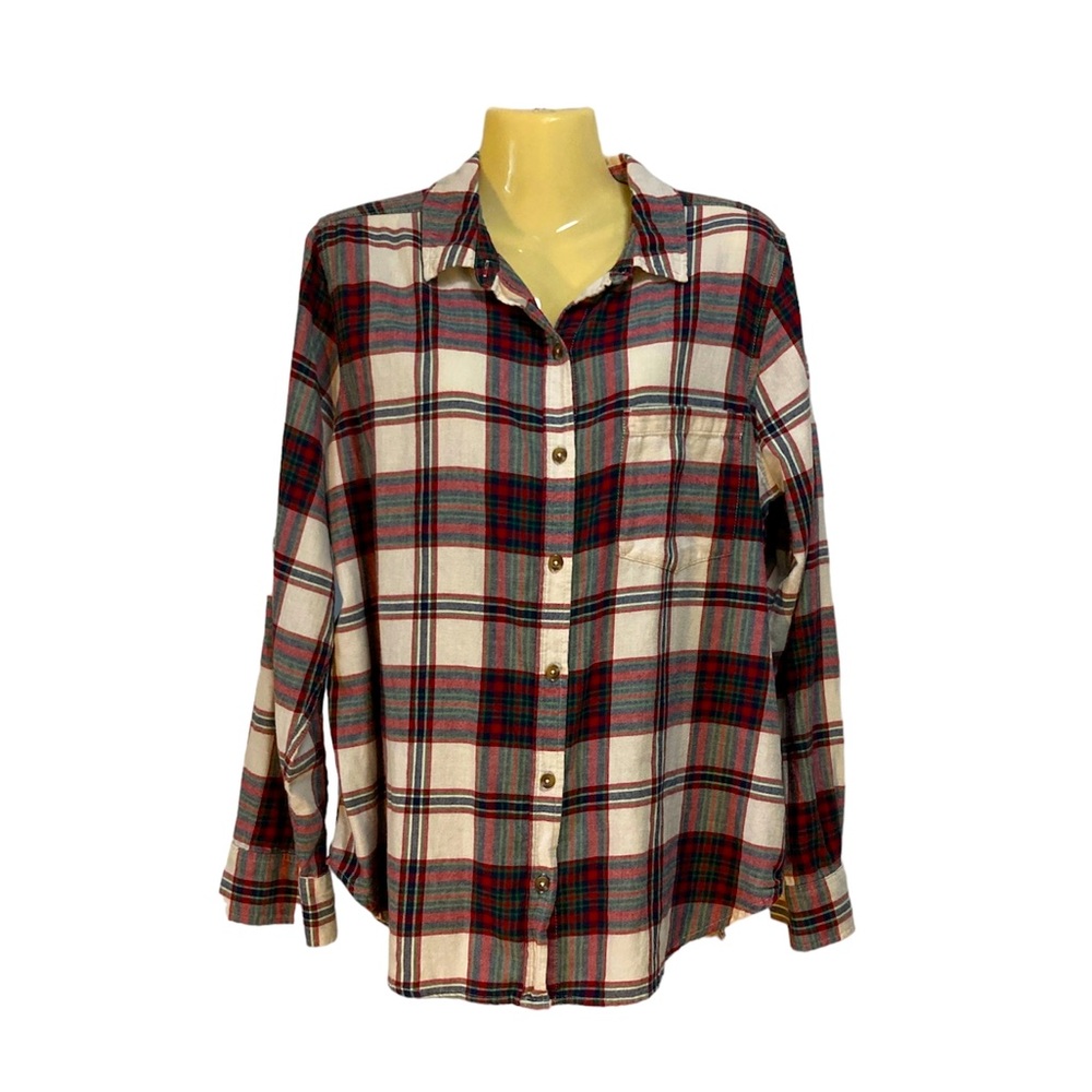 So Cozy Plaid Flannel Shirt Button Front Farmhouse Cottagecore Red Blue Large
